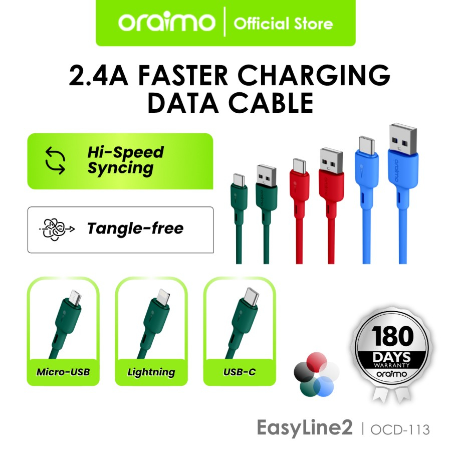 สายเคเบิลข ้ อมูล Oraimo EasyLine 2 1M 2.4A ชาร ์ จเร ็ ว OCD-113 - OCD-113L - OCD-113M
