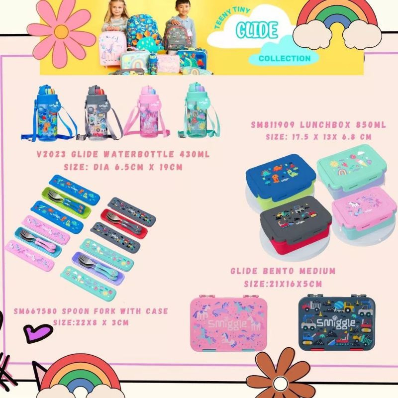 Smiggle Glide/กล่องอาหารกลางวัน smiggle/Bottle smiggle/set Fork smiggle