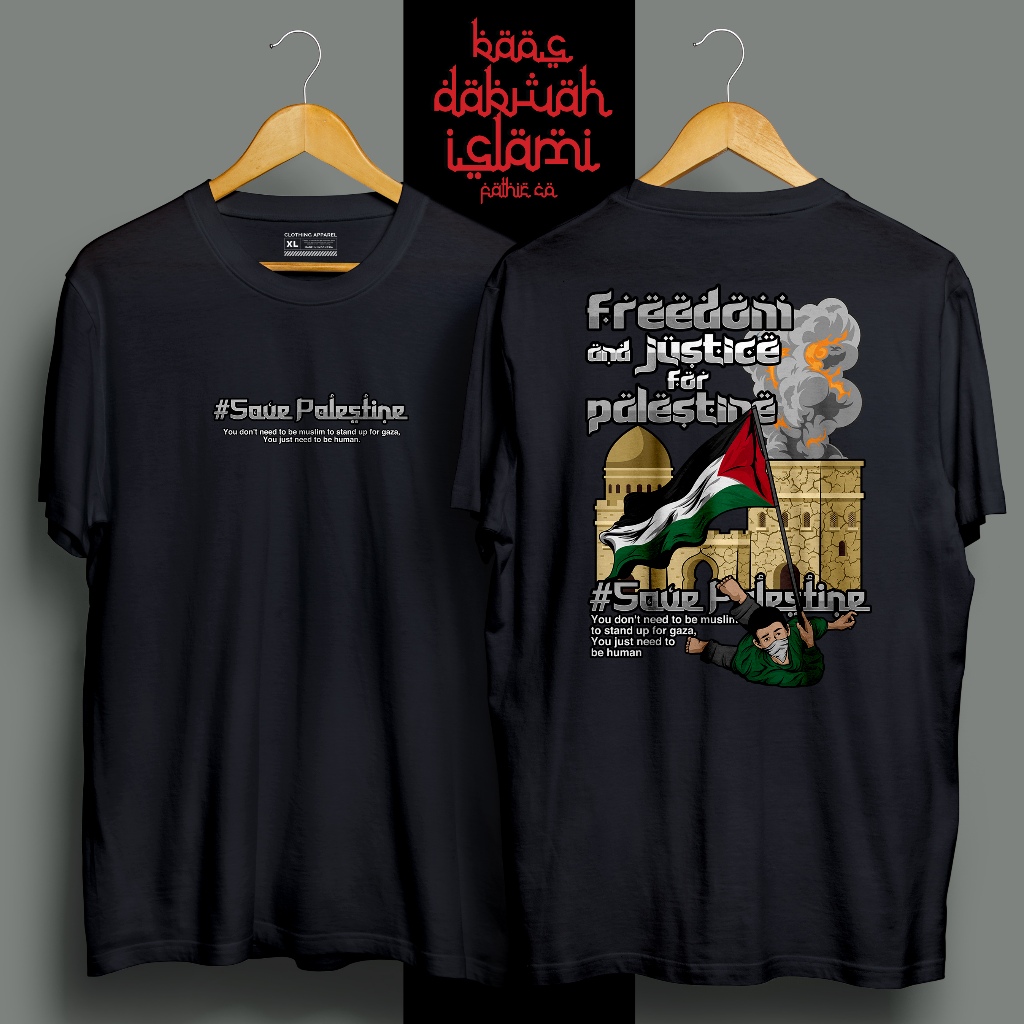 PALLESTINE ISLAMIC DAWAH เสื้อยืดด้านหลังด้านหน้ายืดหยุ่นและ JUSTICE สําหรับ PAESTINE MOTIF IMAGE VO