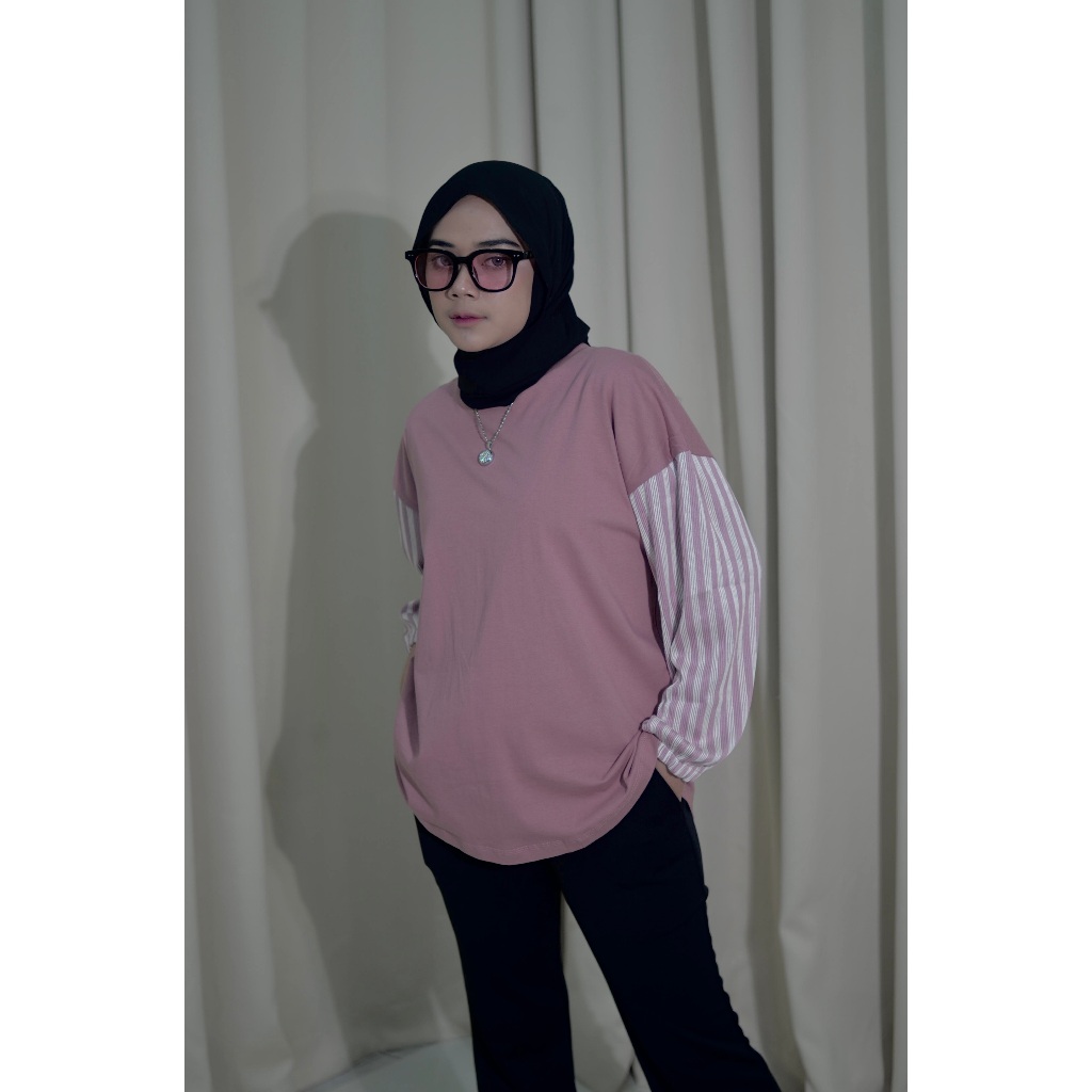 Neeja - Women& 39;s เสื้อยืดผ้าลูกฟูกผ้าฝ้ายลายทางแขนยาวขนาดใหญ่พร้อมกรีด