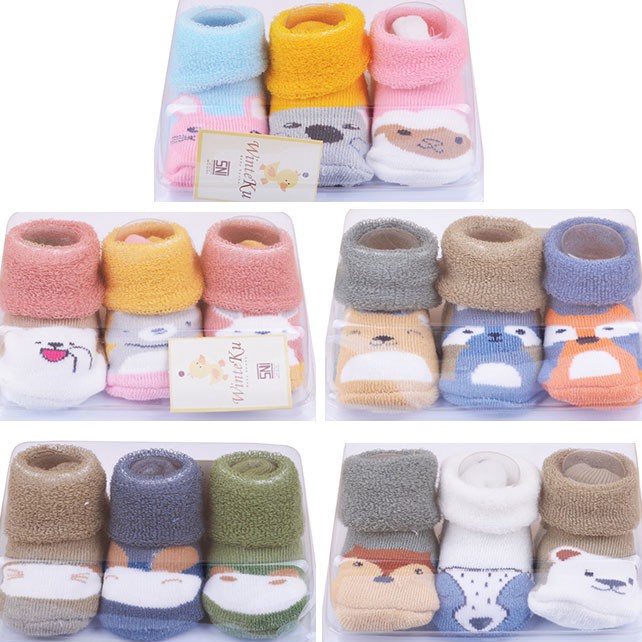 E9J9A Winteku Premium Socks ถุงเท้าตุ๊กตาเด็ก 3 คู่ 0-6 เดือน