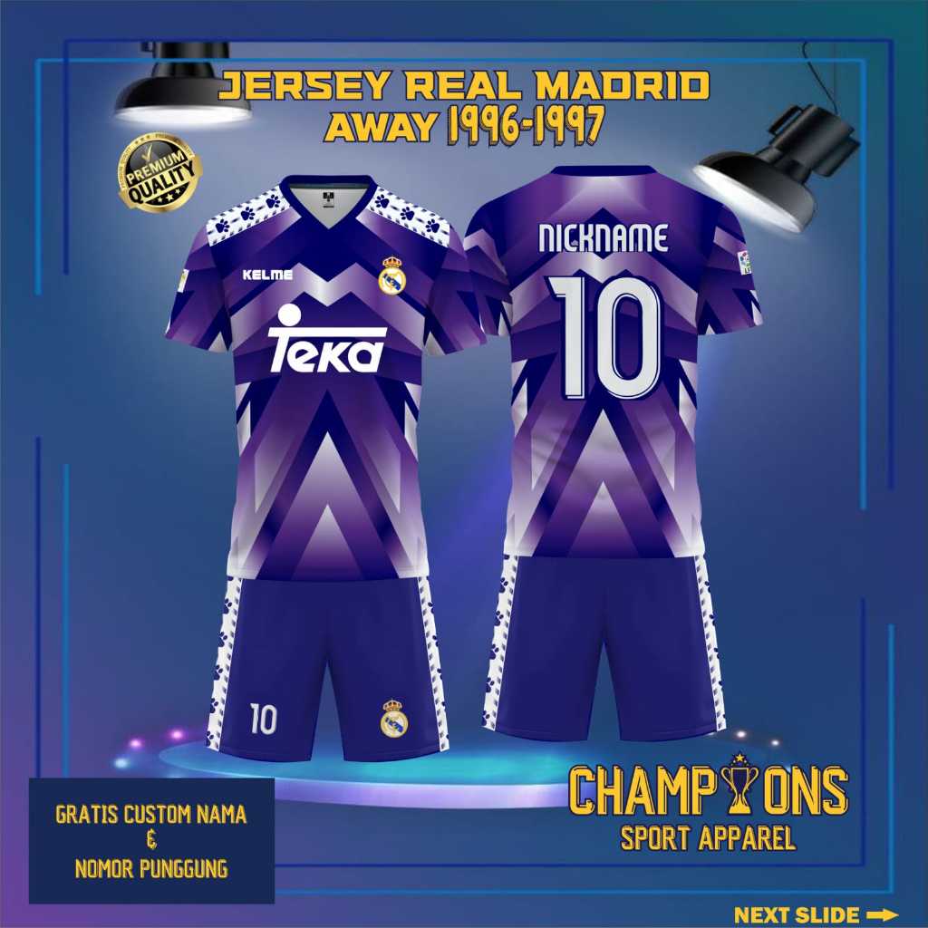 เสื้อกีฬาแขนสั้น ลายทีมฟุตบอล Real MADRID AWAY Club Jersey 1996-1997 UEFA Champions League ทําจาก Dryfit ฟรีชื่อและตัวเลขที่กําหนดเอง สําหรับเด็ก และผู้ใหญ่
