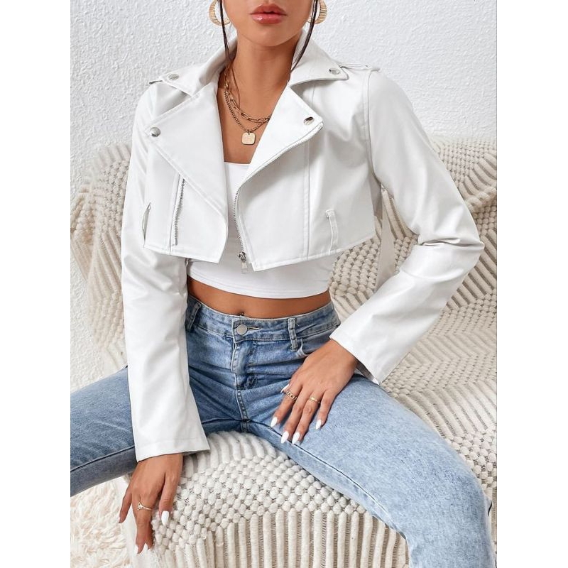 Ramones changcuters Korean style crop punk White Womens Leather Jacket