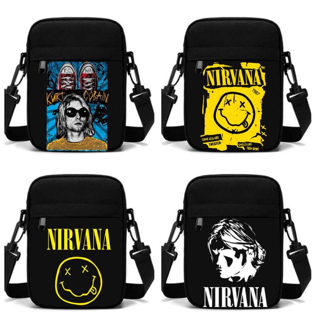 Hitam NIRVANA Band Black Sling Bag Material 100% Cordura Canvas / NIRVANA Band Mini Sling Bag / NIRVANA Band Logo Mini Sling Bag