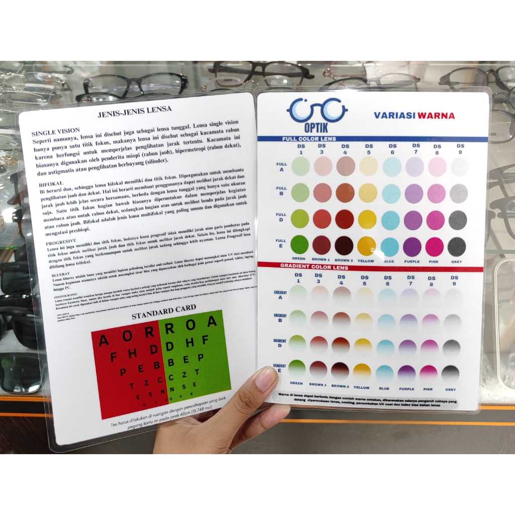 MATA Jaeger Card, Reading Card, Jaeger, EXAMPLE OF 2-SIDED LENS COLOR (ALREADY LAMINATED) eye test LENS VARIANTS