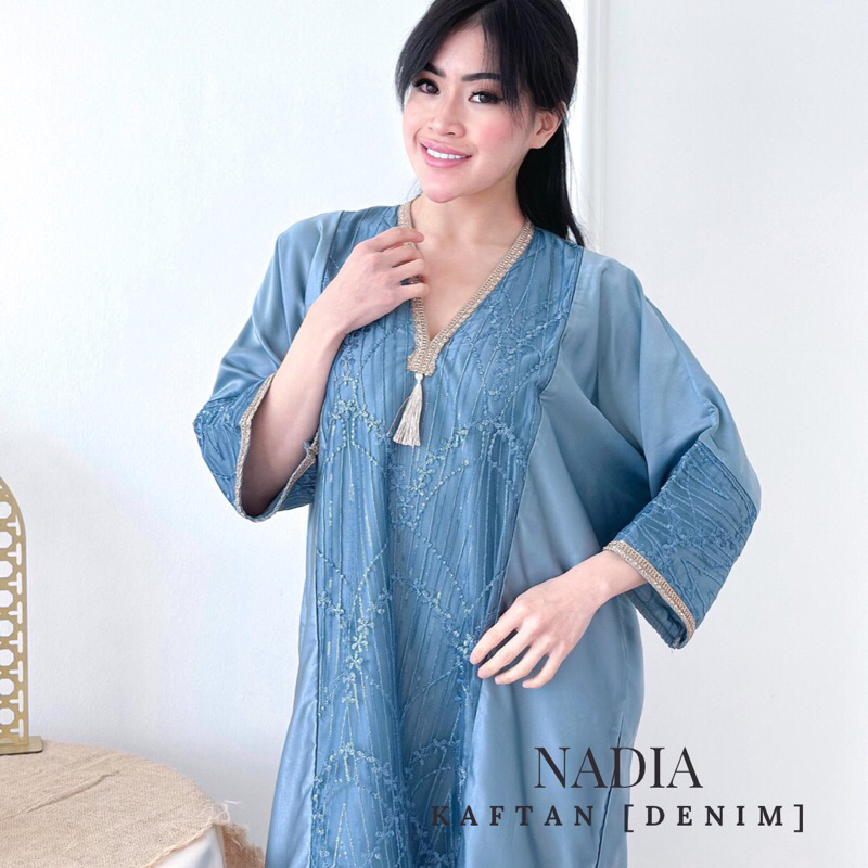 Nadia Premium Satin Arabian Kaftan [DENIM] Eid Kaftan, Fashion Kaftan Women& 39;s เสื้อผ้ามุสลิม