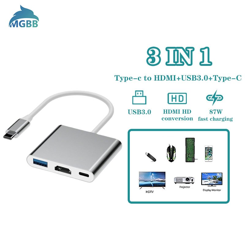 Mgbb Converter 3 in 1 USB TYPE C ถึง HDMI USB 3.0 TYPE C เข้ากันได้กับอะแดปเตอร์ 4K Macbook AIR PRO M1 IPAD ASUS LENOVO ACER HP LAPTOP