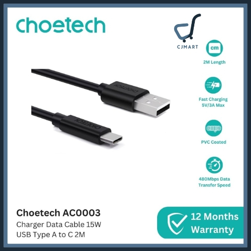 Choetech Ac003 QC สายชาร์จข้อมูล 2 เมตร USB Type A ถึง C 15W 3A