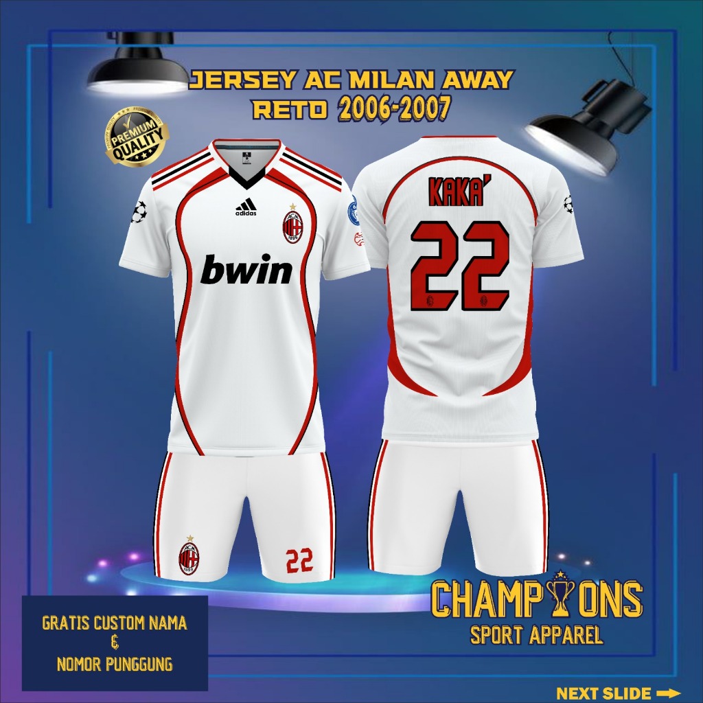 เสื้อกีฬาแขนสั้น ลายทีม Milan AWAY Retro AC Club Jersey 2006-2007 UEFA Champions League KAKA Jersey Free Name And Number สําหรับเด็ก และผู้ใหญ่ ✨