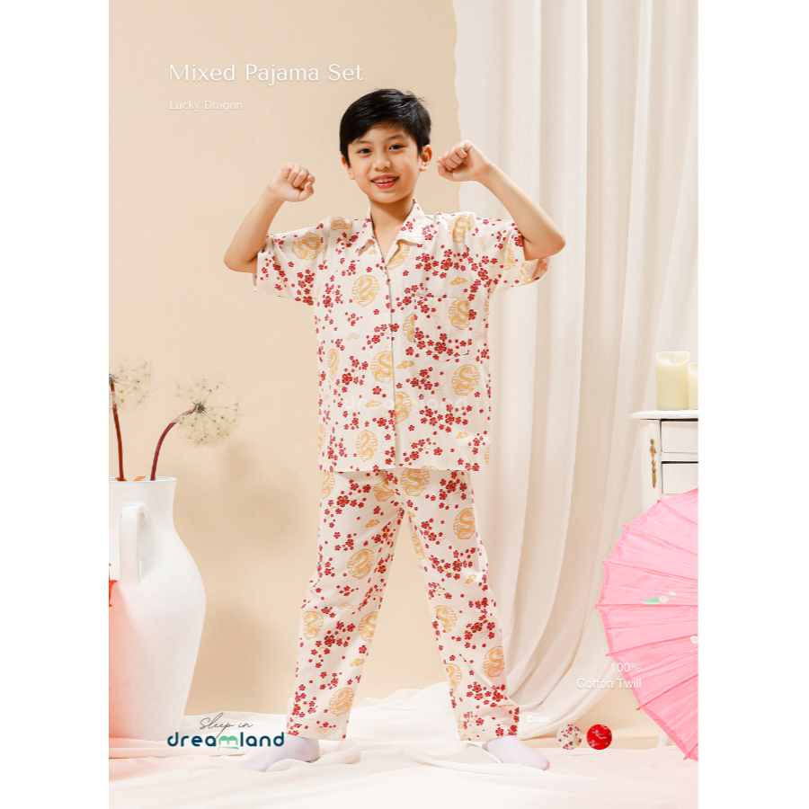 Sleep In Dreamland - Lucky Dragon Cream (Krem Naga) - Piyama Anak, Pakaian Tidur Anak Lengan Pendek 