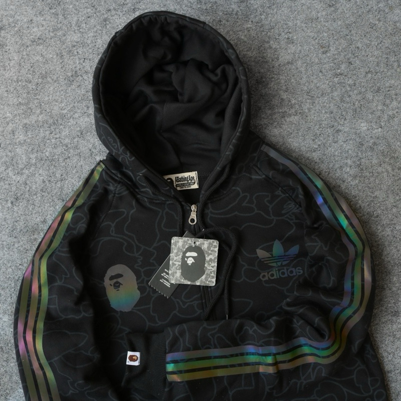 Adidas Bape Techno Jacket Hoodie Shorts Crewneck Zipper เสื ้ อกันหนาว Varsity Bomber Army Stripping เสื ้ อกันหนาว Hoodie Full Tag &amp; Label