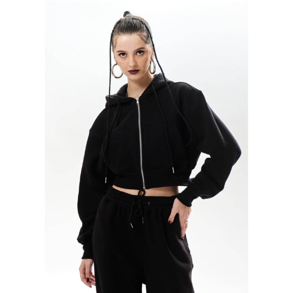 OCWA FREJA BLACK CROP ZIPPER HOODIE