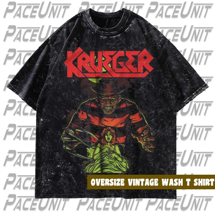 เสื้อยืด Oversize Vintage Wash - เสื้อยืดโลหะ Unisex Black Film Horror Freddy Krueger X Creator Band