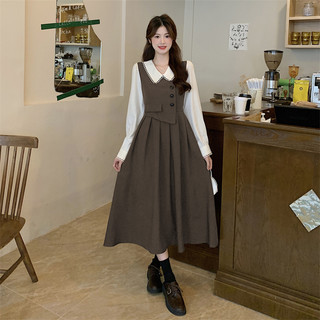 Gaun coklat Kerah Lapel gaya Inggris Dress Akademi Lengan Panjang Splicing Vest Rok Panjang