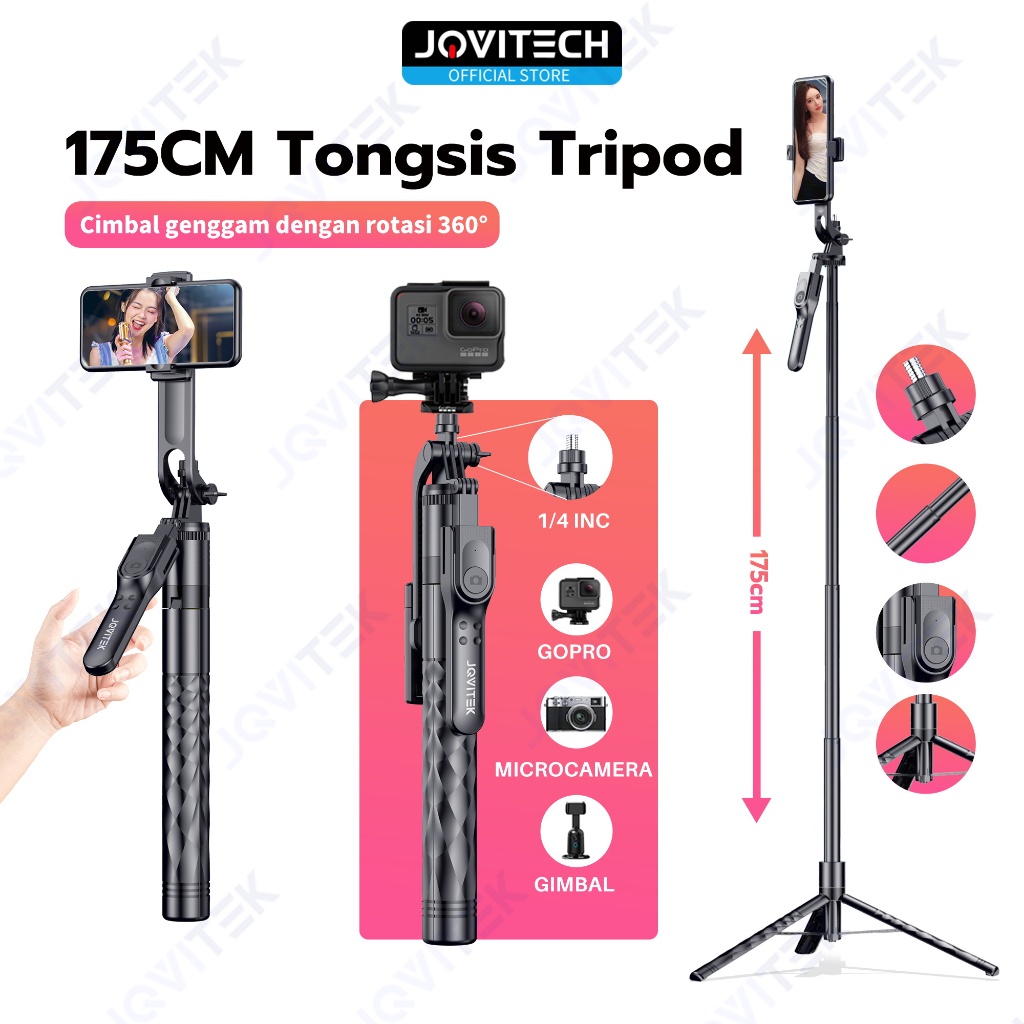 Jovitech ขาตั้งกล้องบลูทูธ Selfie Stick Gimbal Allumunium โลหะผสม HP GoPro MicroCamera ทนทาน Stable 