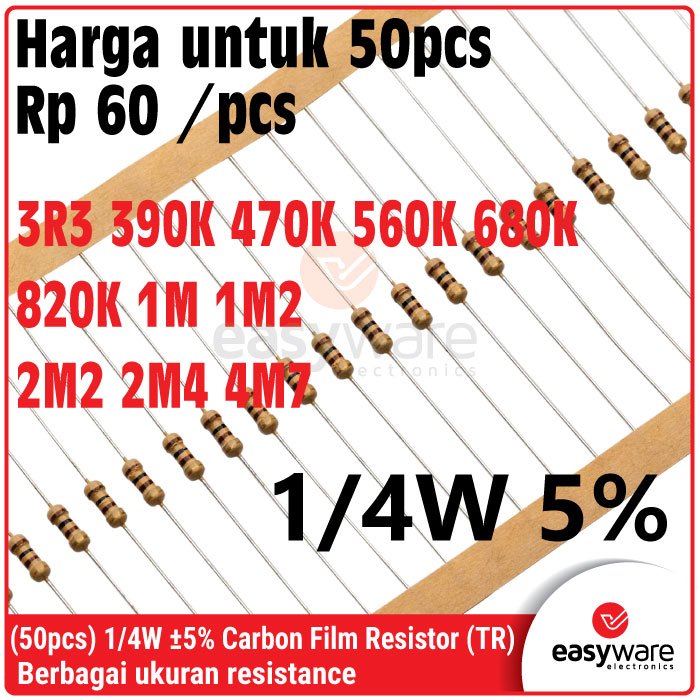 50x ตัวต้านทานฟิล์มคาร์บอน 1/4W 5% 0.25W 3R3 390K 470K 560K 680K 820K 1M 1M2 2M2 2M4 4M7 โอห์ม