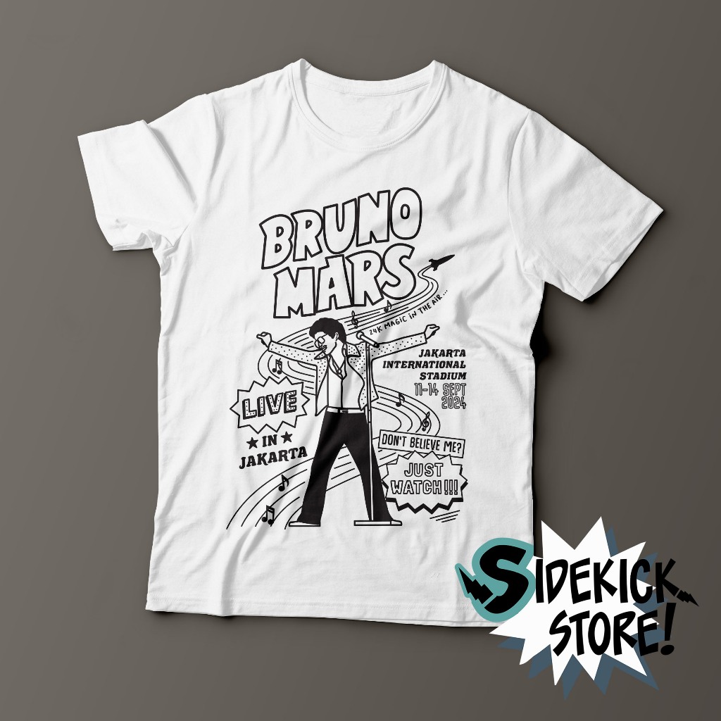 Bruno Mars "คอนเสิร์ต Bruno Mars" เสื้อยืดคอนเสิร์ตเพลง จากร้าน Sidekick!