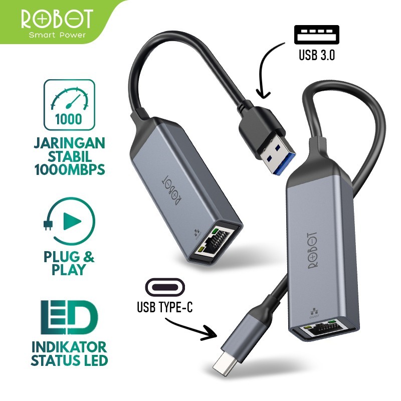 ROBOT Ethernet USB 3.0 EA20 / Type C EA20C ถึง RJ45 LAN Adapter Plug and Play