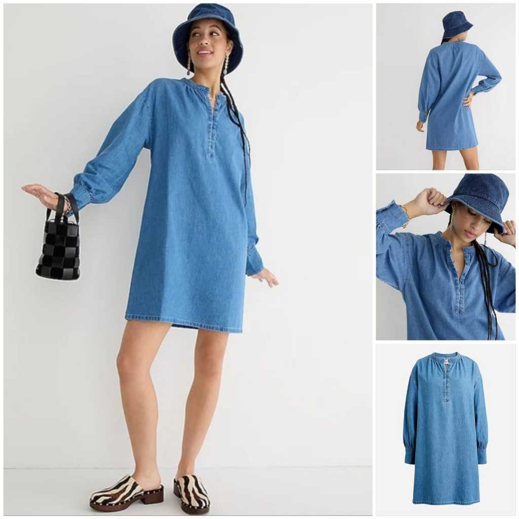 J.Crew Cotton Mini Shirt Dress Chambray Full Button Long Sleeve