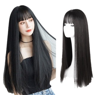 Full Wig Korean Wig Rambut Hitam Wig Rambut Panjang Poni Set Wig Rambut Panjang Sedang 70 Cm Rambut Palsu Wanita Model Lurus Fuul Rambut Rambut Palsu Wanita wig rambut panjang