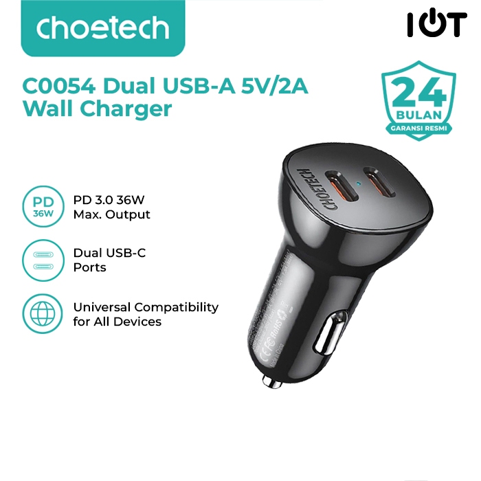 Choetech 36W Dual Type-C ที่ชาร์จแบตในรถ
