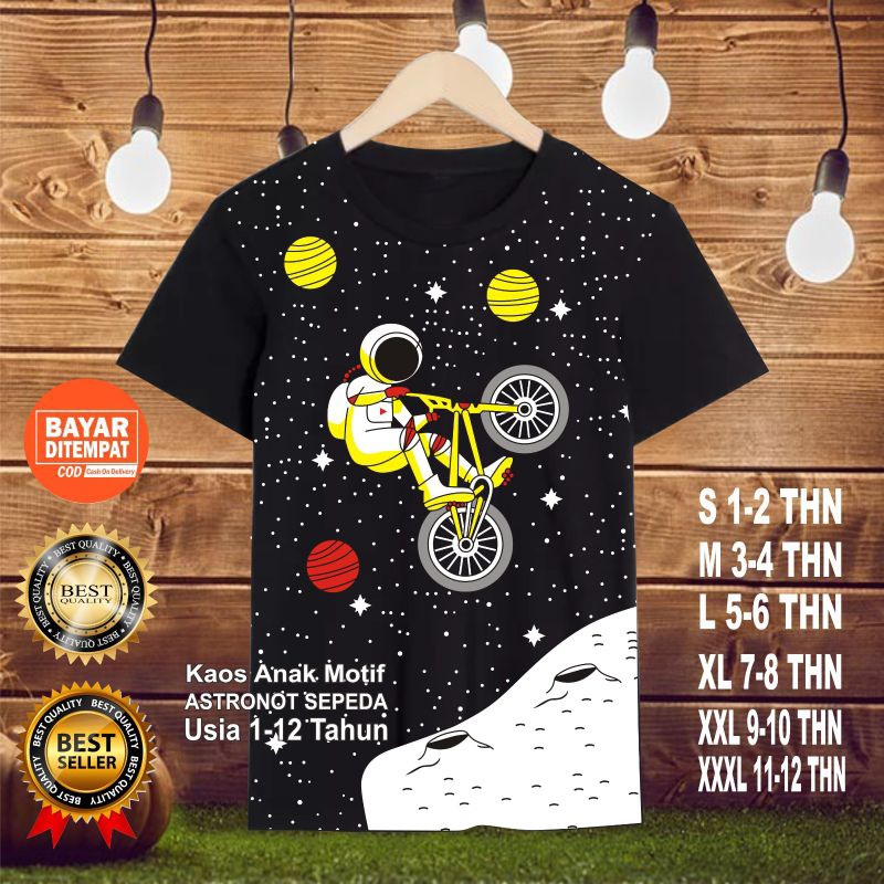 Vivi88kids - เสื้อยืดสีดําเด็กผู้ชาย ASTRONAUTS BIKE motif อายุ 1-12 ปี