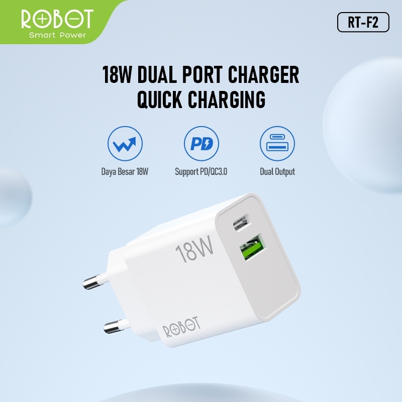 ROBOT RT-F2 DUAL PORT TYPE-C & USB-A 3V 18W QC 3.0 QUICK CHARGING BATOK CASAN HP ANDROID IPHONE UNIV