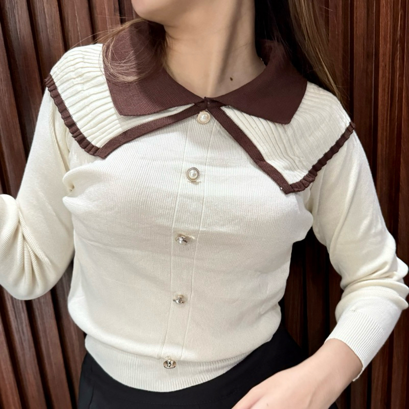 (LUXXITE.CO) INSTANT YIREN TOP - WOMENS TOP KNIT BLOUSE WITH PEARLS BUTTON COLLAR