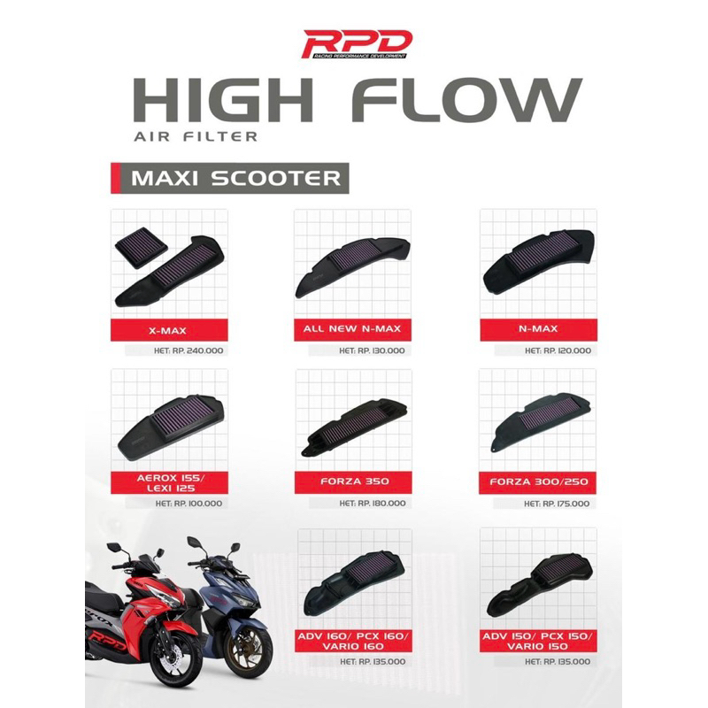 RPD RACING AIR FILTER VARIO 125/150, AEROX, LEXI, PCX 160, VARIO 160, ETC.
