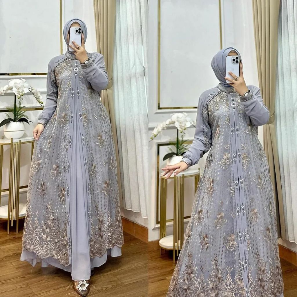 Nadya Elegant Luxurious Brocade Gamis Dress Ceruty Babydoll Mix Swarovski Sequins ล่าสุด Viral มุสลิม 2024