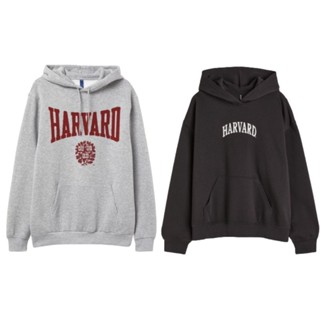 เสื้อกันหนาว มีฮู้ด ลาย HnM Harvard สีเทา สีดํา สําหรับผู้ชาย และผู้หญิง