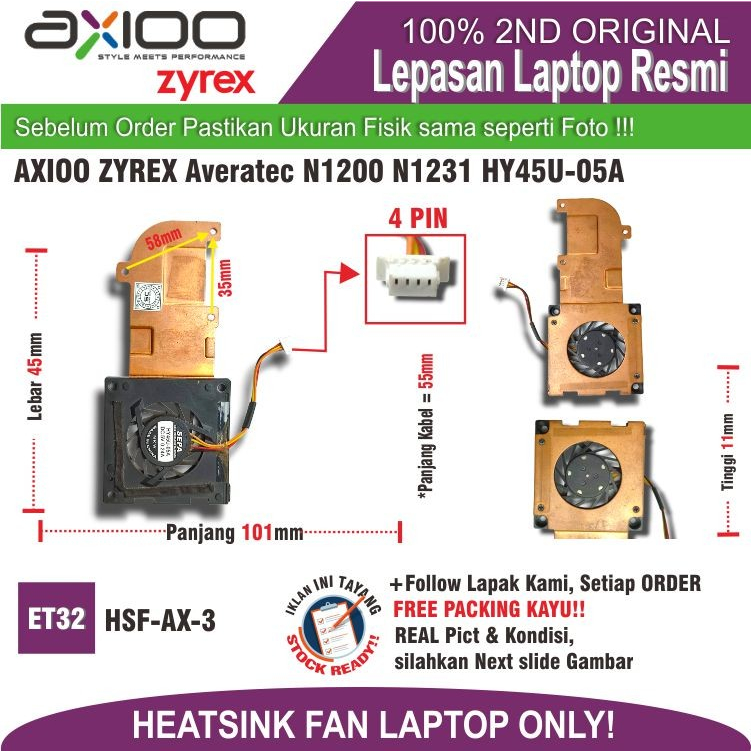 ET32 HSF-AX-3 พัดลมฮีทซิงค์ AXIO ZYEX Averatec N1200 N1231 HY45U-05A