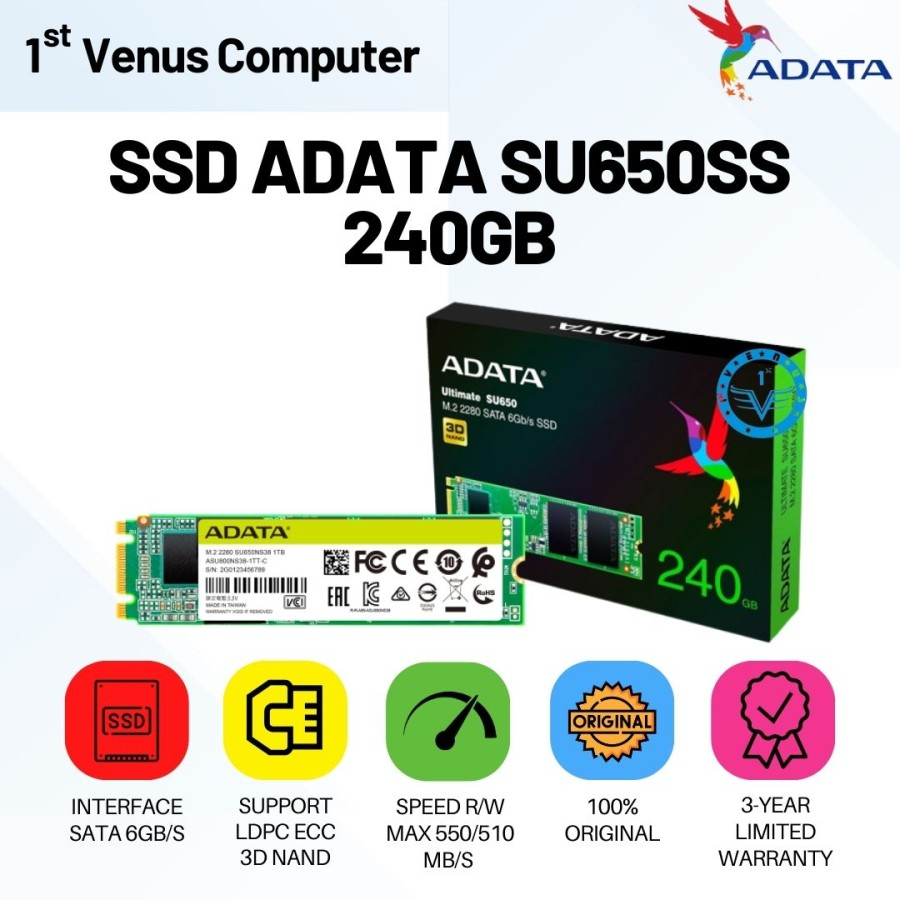 ADATA SSD INTERNAL HDD HARDSK M2 M.2 SATA SU650SS SU650 240GB / MEM57-ADA / รับประกันต้นฉบับสําหรับค