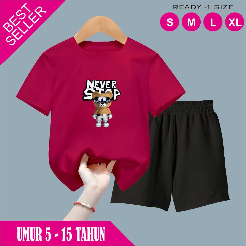 ชุดกางเกงขาสั้นและเสื้อยืดเด็ก bever stop motif อายุ 5-15 ปี