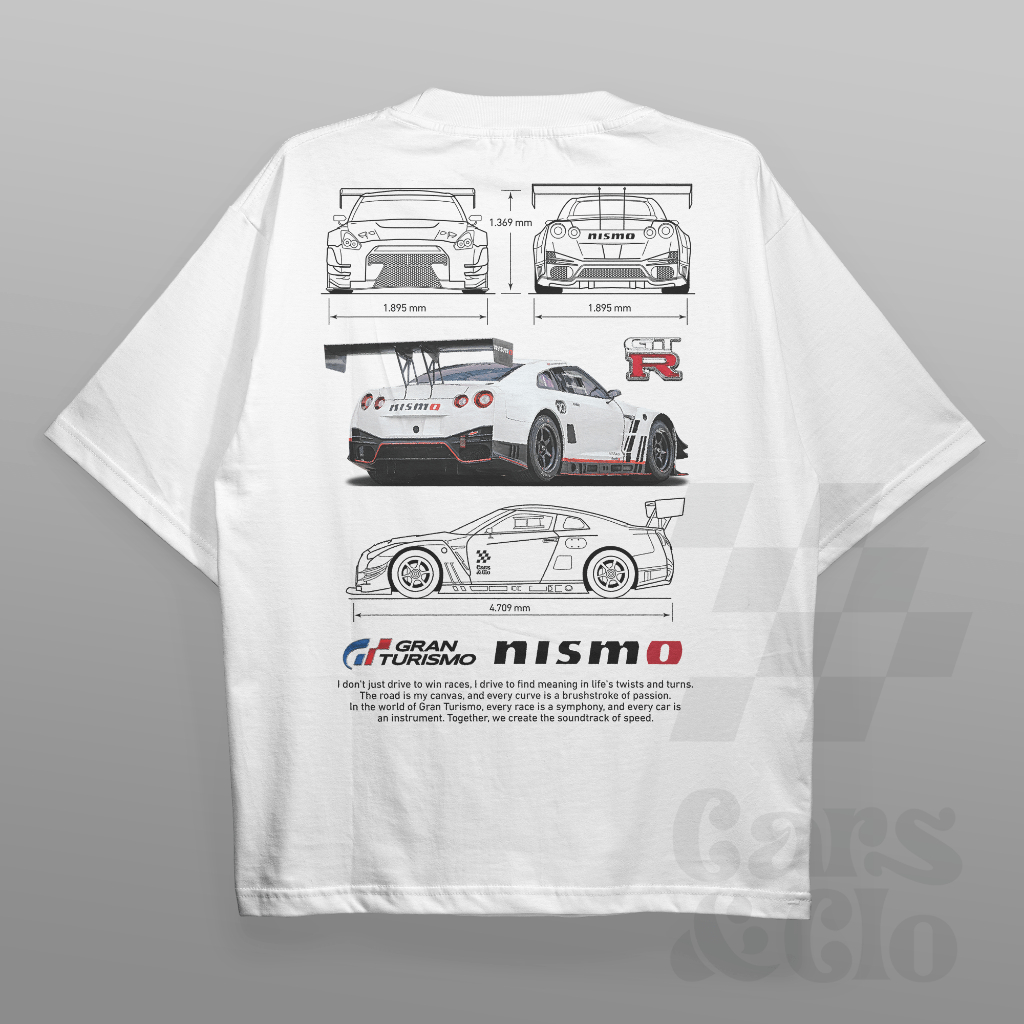 เสื้อยืด พิมพ์ลายรถยนต์ และ Clo - Regular Fit White - Nissan Gran Turismo GTR NISMO Blueprint