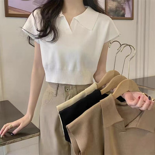 Atasan Crop Top Blouse berKerah polo Rajut  / T-shirt Korean Vneck Kra Wanita