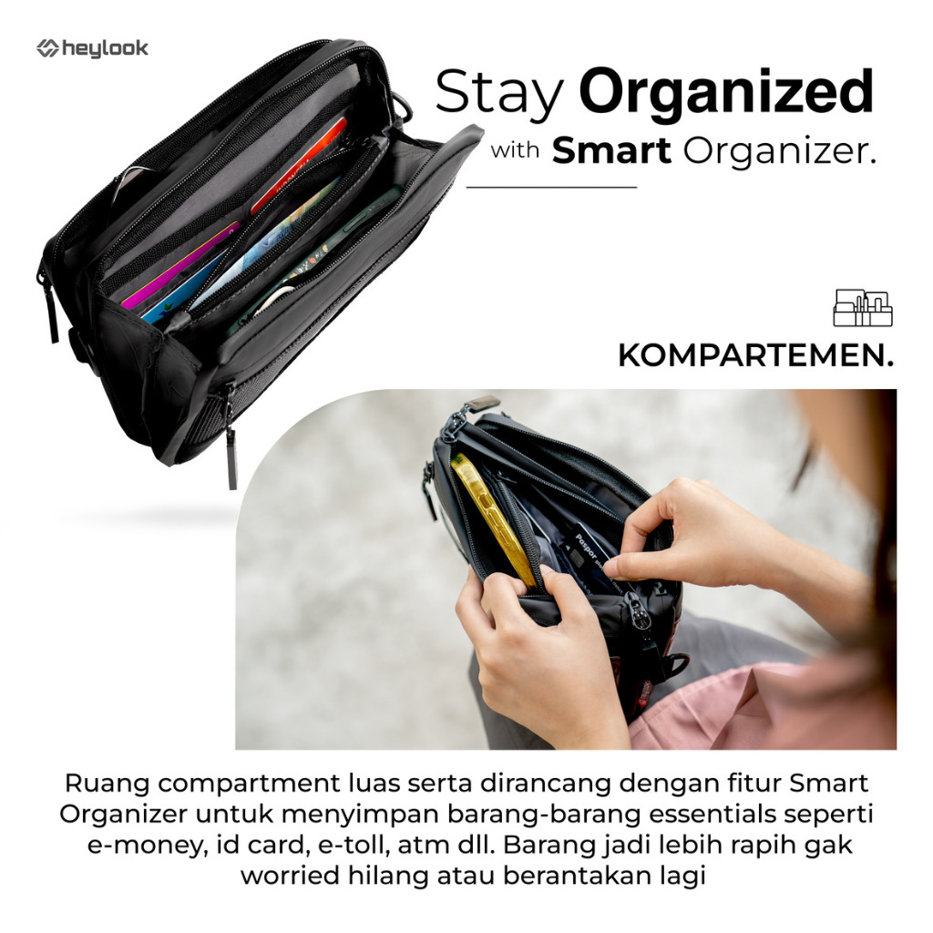 Heylook Official - กระเป๋าสะพายข้างผู้ชาย VECTOR กระเป๋าสะพาย Multi-Function 4 in 1 HP Sling Phone Clutch Bag Mens Waterproof Hand Bag Waterproof Sling Bag Leather Waistbag Distro