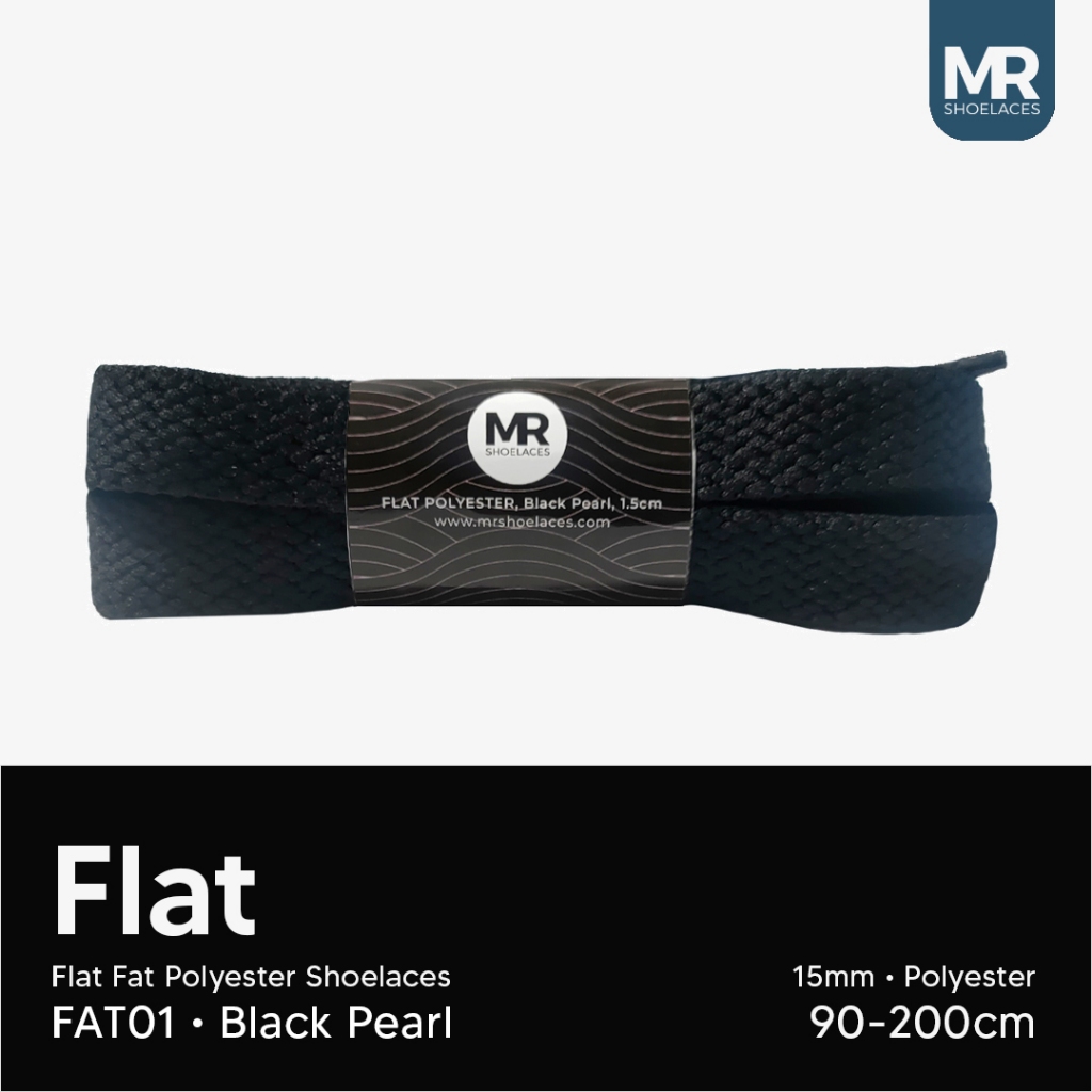 Hitam Mr Shoelaces FAT01 สีดํา (สีดํา) เชือกผูกรองเท้าโพลีเอสเตอร์แบนแบน 1.5 ซม. 80 ซม. 90 ซม. 100 ซม. 120 ซม. 130 ซม. 150 ซม. 180 ซม. 200 ซม. สําหรับรองเท้าผ้าใบ - เชือกผูกรองเท้าพรีเมี่ยม