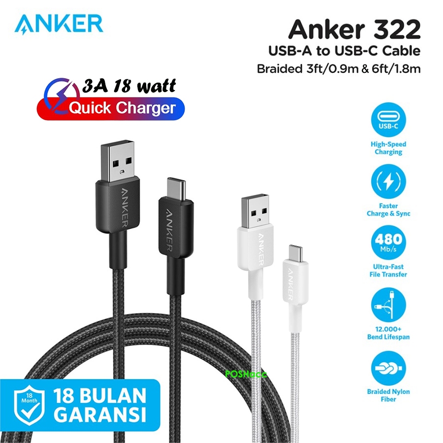 Anker 322 สายชาร์จ USB Type-C 3A 18W 10 ฟุต 3 ฟุต A81H5 A81H6 15W USB-A เป็น USB-C สําหรับ Android Samsung Xiaomi