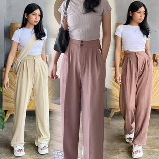 Celana Kulot Jennie Knit Pants Kancing 2 Resleting Loose Pants Wanita Highwaist