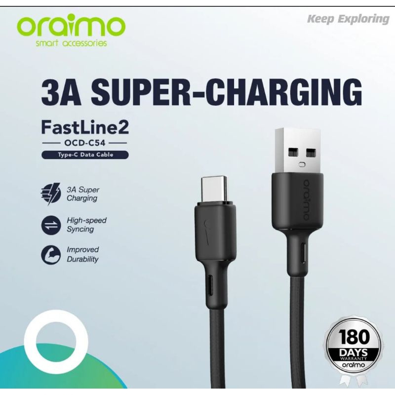 สายเคเบิลข้อมูล Oraimo Type-C Fastline 2 สาย Android 3A ชาร์จเร็วความยาว 1 เมตรสีดํา OCD-C54 OCD-C54