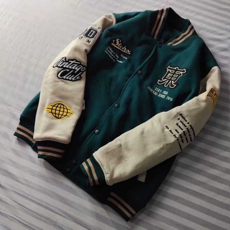 ฮิฮายู | เสื้อแจ็คเก็ตวินเทจ Varsity เย็บปักถักร้อยสีเขียวเต็มรูปแบบ | เสื้อแจ็คเก็ตเบสบอล Mens& 39;s women& 39;s Varsity