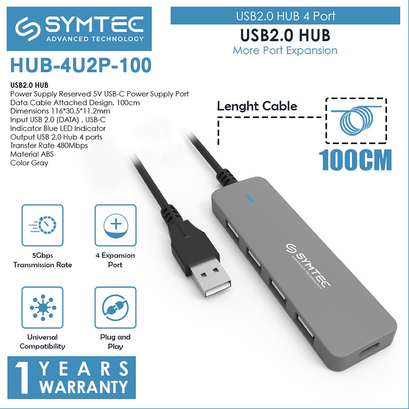 SYMTEC USB 2.0 Hub 4 พอร์ตพร้อมพอร์ตชาร์จ Type-c 100cm - HUB-4U2P-100