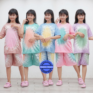 Makin_Setore20 Baju Setelan Anak ABG Laki-Laki Dan Perempuan Lengan Dan Celana Pendek Tye Dye Soft Motif Matahari Bulat Kaos Wisata Menggunakan Bahan Berkuwalitas Sehingga Nyaman Di Pakai Keseharian