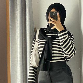 ALIKA Stripe Knit • Atasan Blouse Wanita • Sweater Rajut Syal menyatu