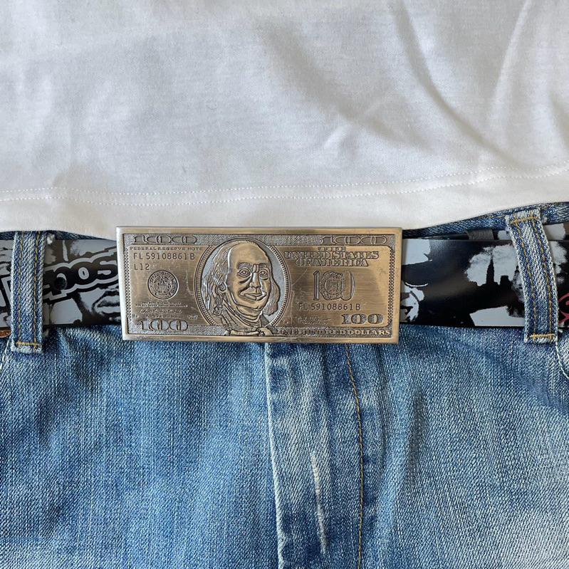 VINTAGE Y2K HIP HOP ARTIST 100 D0LL4R 4MERIC4N USD BUCKLE HEAD 2 ด้านข้าง / REVERSIBLE BELT / หัวเข็