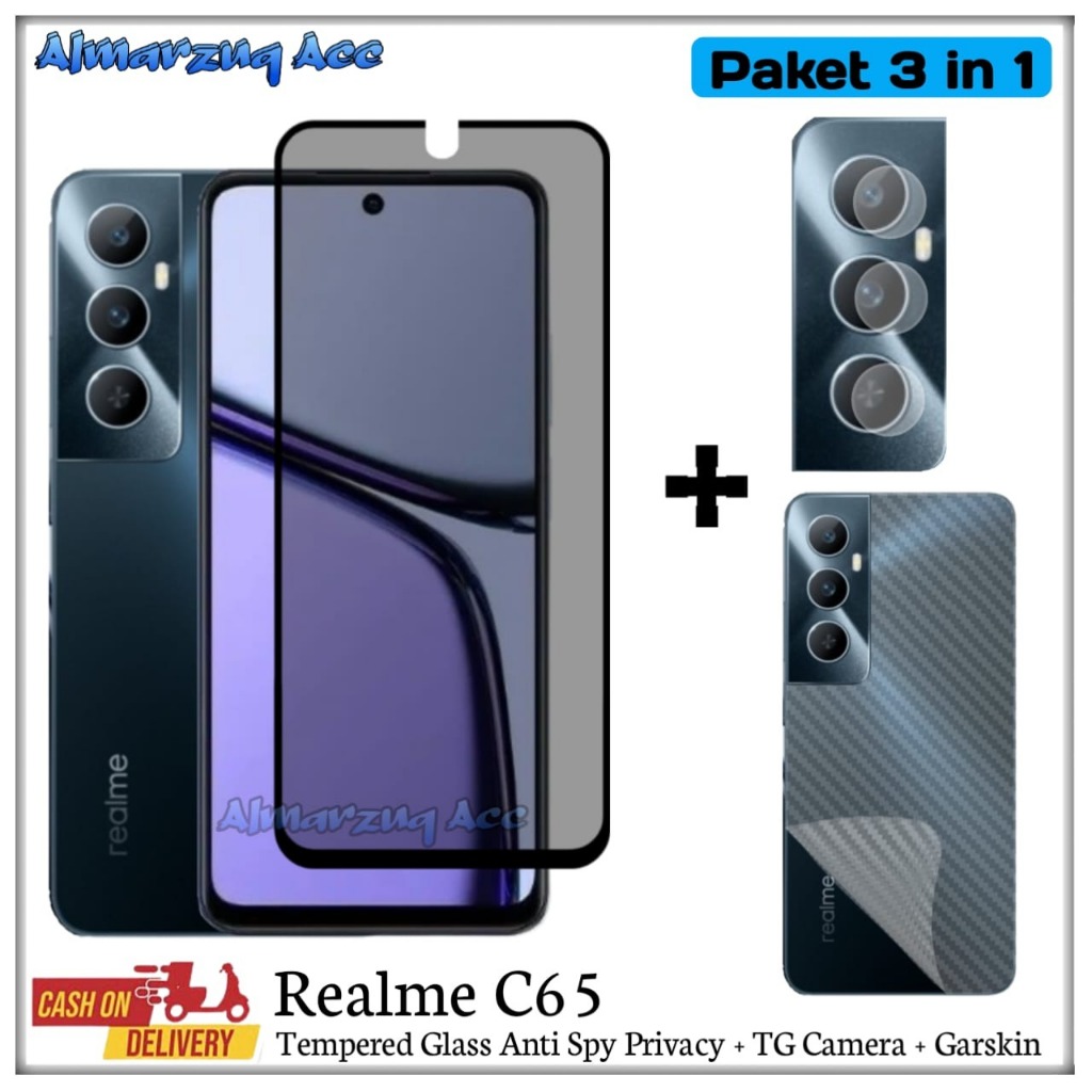 Realme C65 3 in 1 กระจกนิรภัย ป้องกันการแอบมอง ความเป็นส่วนตัว + กล้องกันรอยขีดข่วน + หนังกําพร้า