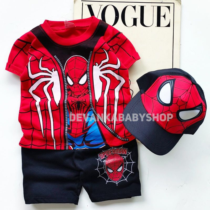 เสื้อผ้า SPIDERMAN สําหรับเด็กผู้ชายที่มี SUPERHERO MOTIF และหมวกสําหรับอายุ 1-10 ปี