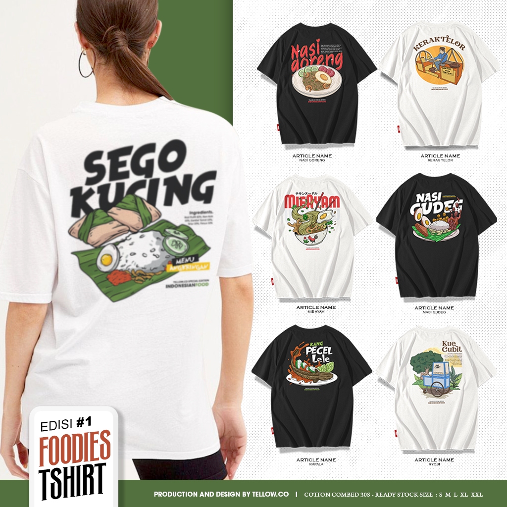 Tellow.co Tshirt - ฉบับอาหารอินโดนีเซีย - Sego Cat | บะหมี ่ ไก ่ | Gudeg | ปลาดุก Pecel