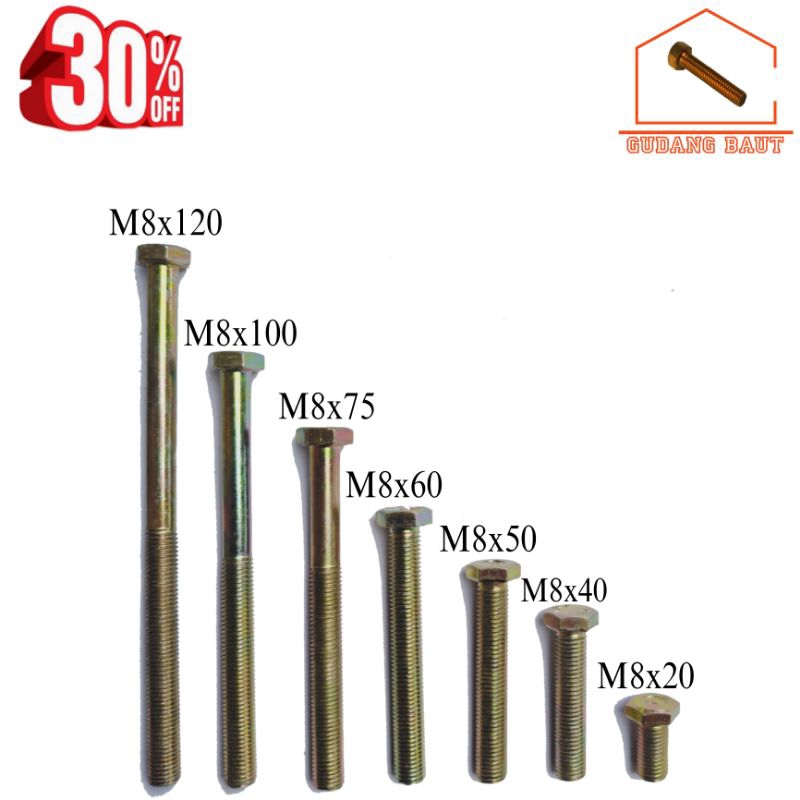 กลอนเหลือง+น็อต (BMK) M8x15 - M8x150 กุญแจ 12